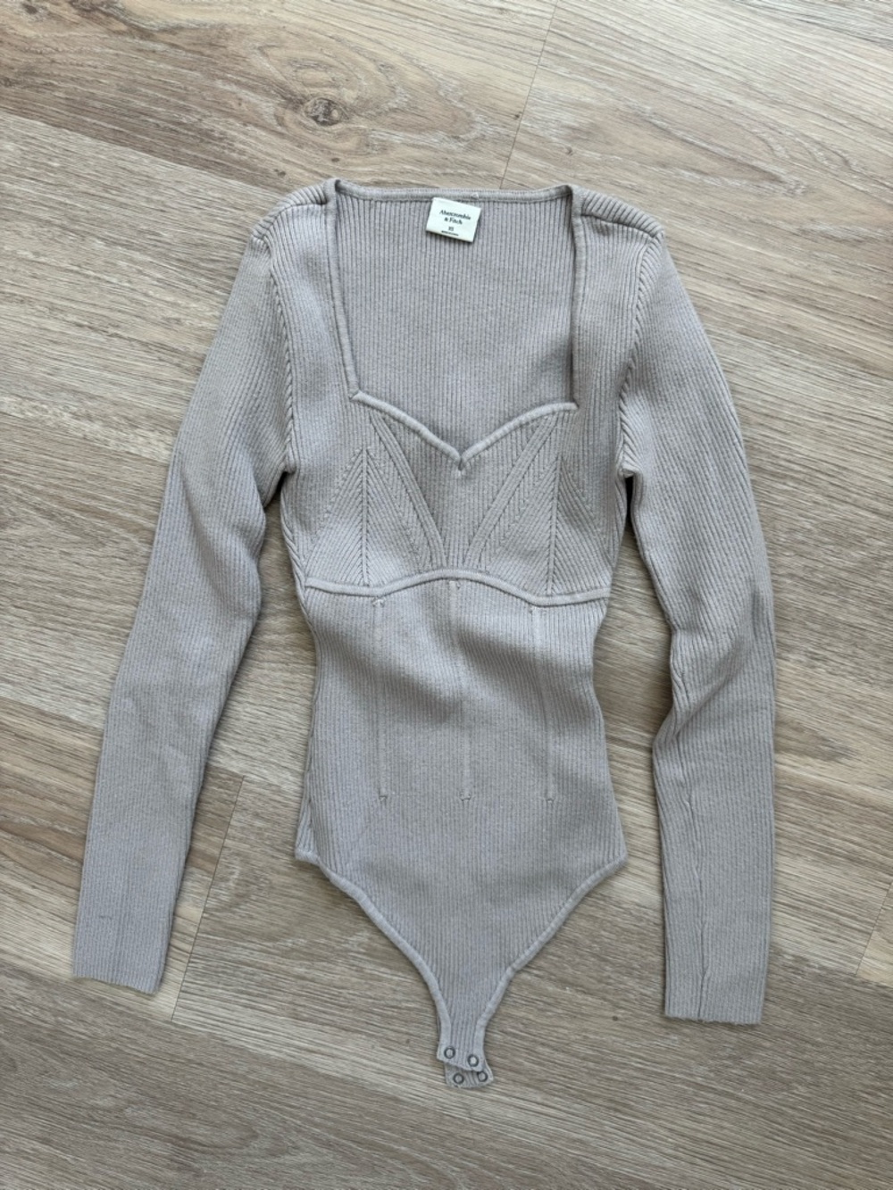 Abercrombie & Fitch Beige Ribbed Long-Sleeve Bodysuit